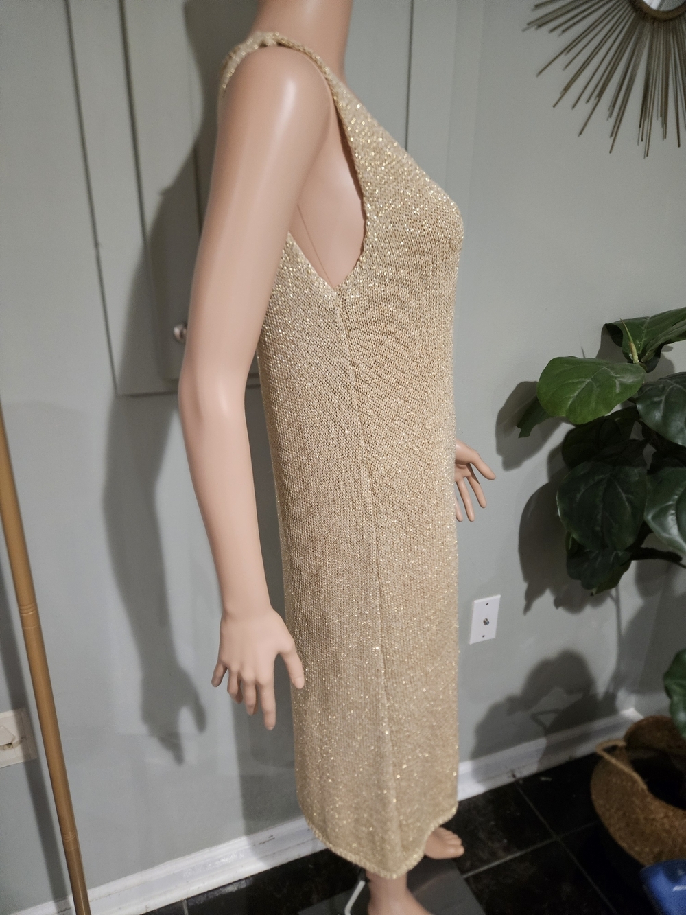 YUNIKA Made in Italy Gold Metallic Knit Midi Dress Sparkle Sleeveless. S/M - Picture 7 of 16